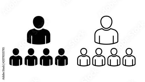 Obraz na płótnie Organizational Hierarchy Icons: Simple black and white icons illustrating a hierarchical structure with a leader figure at the top and subordinates below