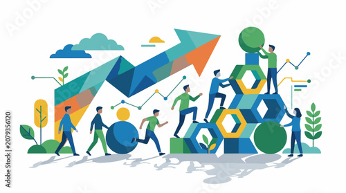 Stylized figures climb geometric shapes with an upward trending arrow