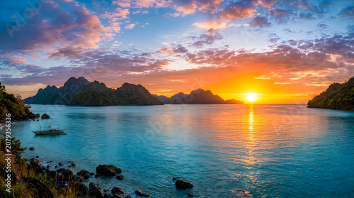 Natural green image photo tropical sunset over ocean with limestone islands