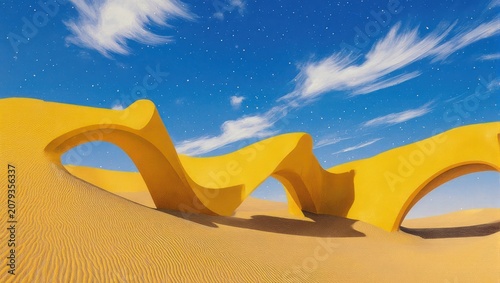 Surreal desert scene with undulating yellow structure beneath a bright blue sky