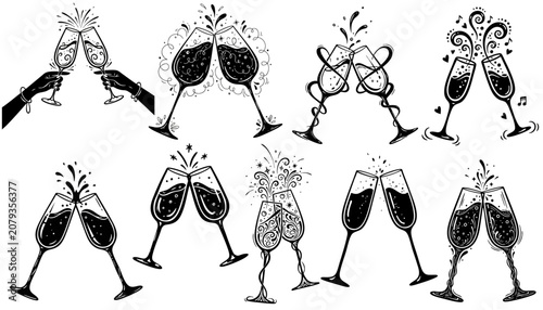 Hand-drawn collection of champagne glass toasts. Black and white champagne toast illustrations set. Celebration cheers with champagne flutes sketch. Festive champagne glass clinking line art icons