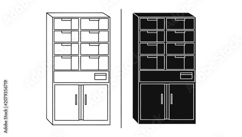 Foto Cabinet with Drawers and Doors (Black and White): A simple, illustrative graphic depicts a two-sided cabinet, one in a clean outline and the other in a solid black silhouette