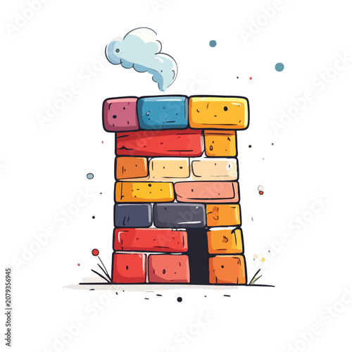 Colorful cartoon brick chimney with smoke rising.