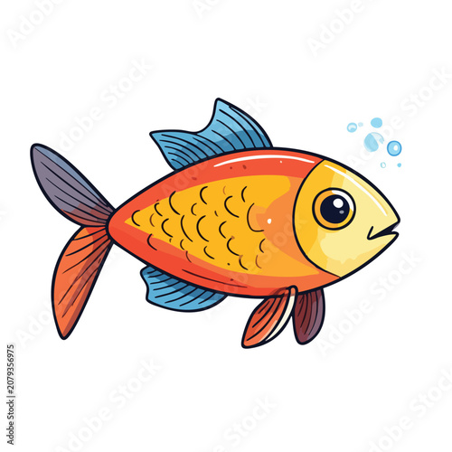 Colorful hand drawn illustration of a cute small goldfish swimming.