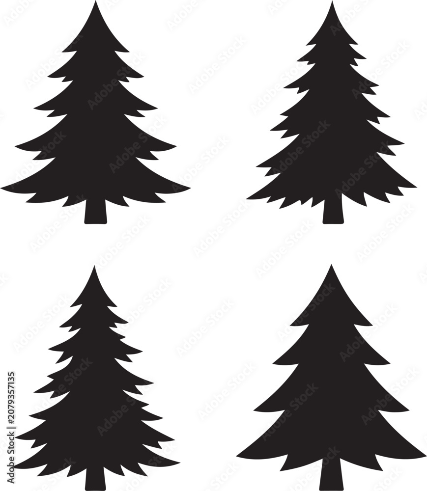 Obraz premium Pine tree silhouette set, 4 evergreen conifer icons, fir vector isolated on Transparent Background