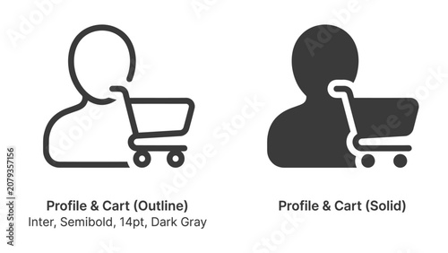Tableau sur toile User Profile and Shopping Cart Icon: A clean design showcasing two versions of a user profile icon integrated with a shopping cart symbol, representing online shopping and e-commerce