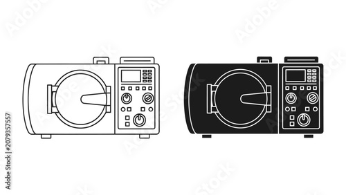 Foto Dichotomy of Technology: A side-by-side comparison showcases a modern machine in both a minimalist outline and a solid silhouette, representing the versatility and adaptability of advanced technology