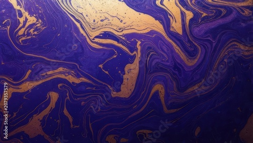 Swirling abstract artwork with vibrant gold and deep purple hues, resembling marble