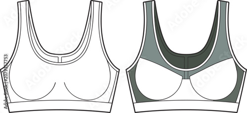 Tableau sur toile Fashion flat sketch of a sports bra in white and a two-tone grey sports bra fron