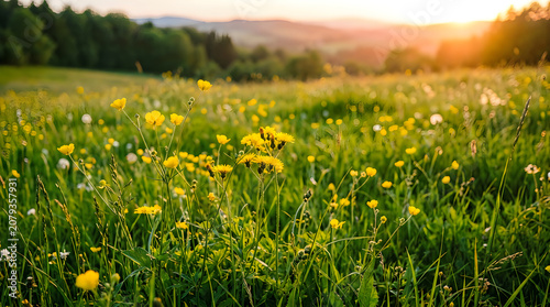Serene natural green meadow with yellow wildflowers at sunset