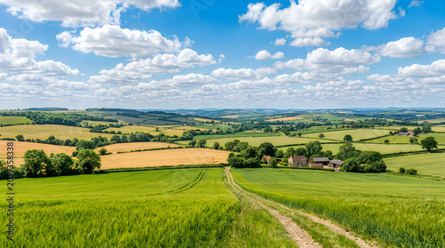 Natural green image photo rolling hills and farm landscape under blue sky