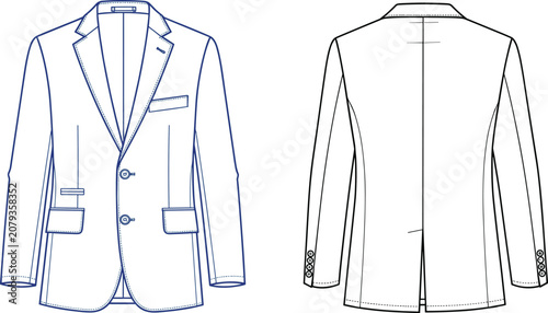 Cuadro en lienzo Front and back flat sketch of a blue lined men's formal suit jacket with buttons