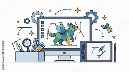 A graphic design workspace with a monitor displaying a colorful dinosaur surrounded by various design tools