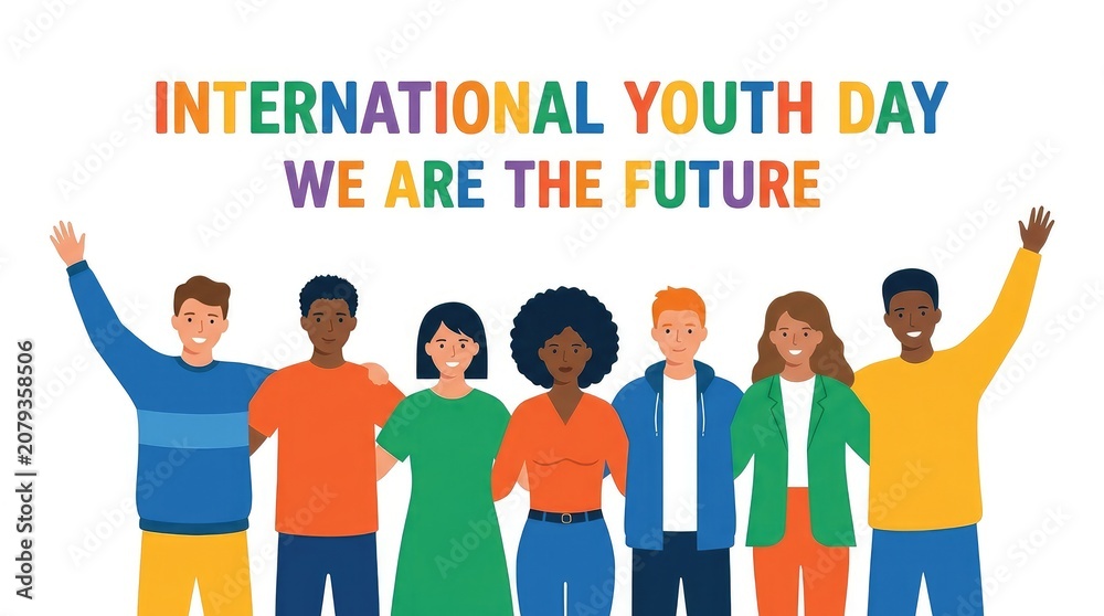Fototapeta premium International youth day concept with diverse young adults standing together as a team diversity inclusion community generation students together cheerful multicultural togetherness