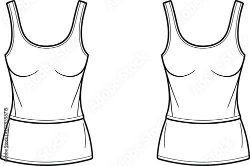 Fotografie Front and back flat sketch of a white tank top with scoop neck and a contrasting
