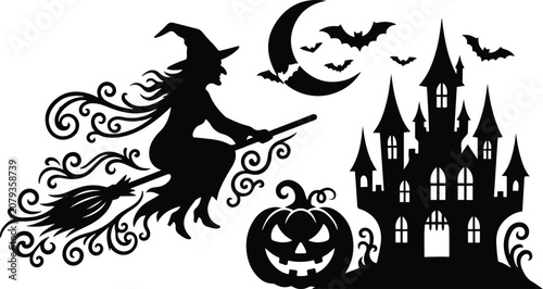 Foto Halloween witch silhouette, spooky haunted castle, flying broomstick isolated on