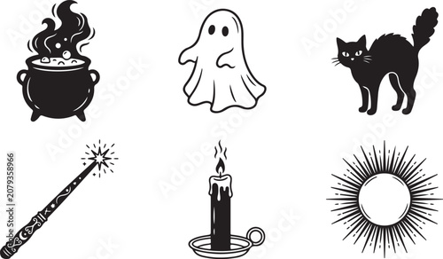 Photos Mystical Halloween icons, black magic vector set, occult symbols isolated on Tra