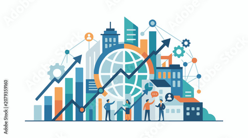 A vibrant infographic illustration depicting business growth and global statistics