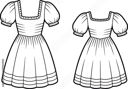 Quadro su tela Front and back view of a black and white line drawing of a traditional peasant d