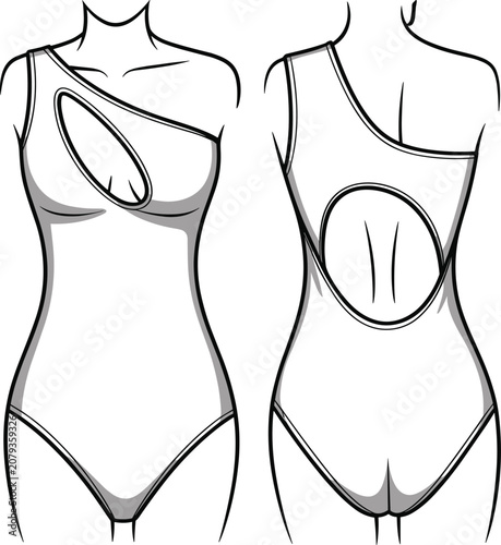 Front and back view of a one-shoulder swimsuit with cutout detail one-piece bathing suit