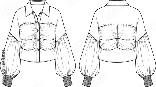 Front and back view of a black and white line drawing of a ruched blouse with balloon sleeves shirt clothing