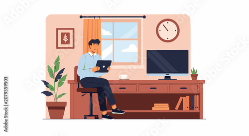 A man sits at a desk with a tablet a computer plants and books in a cozy room