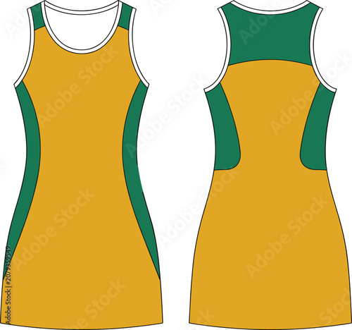 Sports Uniform Design Flat Sketches Front and Back Views in Gold and Green dress netball dress