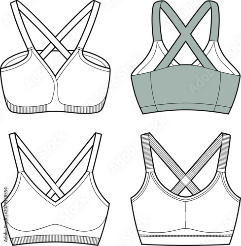 Sports Bra Fashion Design Technical Flats Front and Back Views vector illustration