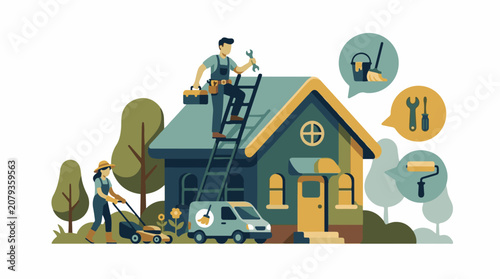 A house with a man on a ladder and a woman mowing the lawn