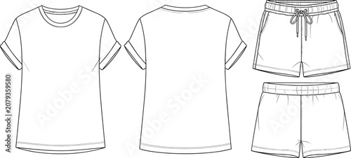 T- Shirt and Shorts Fashion Design Technical Flats Front and Back Views t-shirt