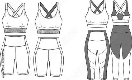 Women's Athletic Wear Technical Flats Sports Bra and Leggings Set vector illustration