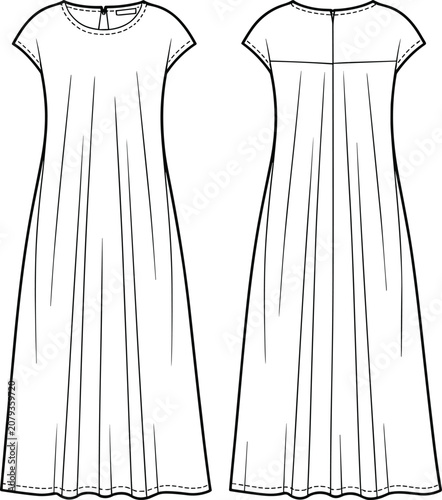 Women's Dress Flat Sketch Front And Back View With Gathered Bodice And Flowy Skirt fashion clothing