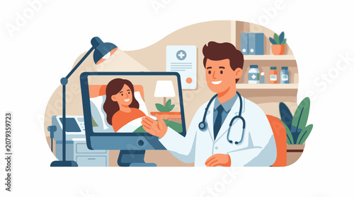 A doctor in a white coat smiles while showing something on a computer screen to a patient lying in bed