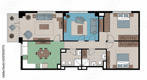 Top down 2D floor plan of a modern two bedroom apartment with balcony.