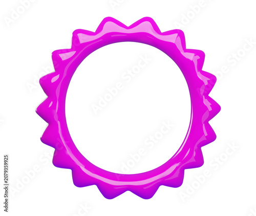 A glossy pink 3D vector illustration round frame isolated on a white background. Features a wavy, starburst cartoon border with a shiny plastic texture.