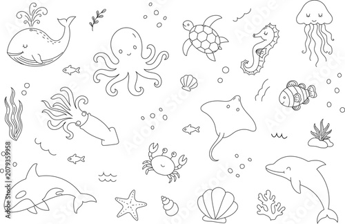 Cute hand drawn sea animals doodle coloring page with whale, octopus, turtle, dolphin, jellyfish, stingray, crab, fish, shells and coral. Black outline isolated on white.