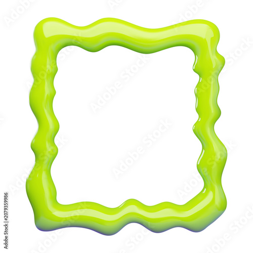 A glossy green 3D vector illustration wavy frame isolated on a white background. Features a melting, slime-like cartoon border with a shiny plastic texture. 
