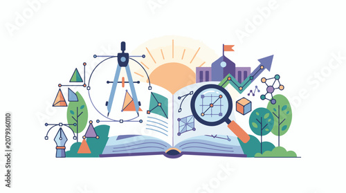 A colorful illustration of an open book with various educational and scientific symbols surrounding it