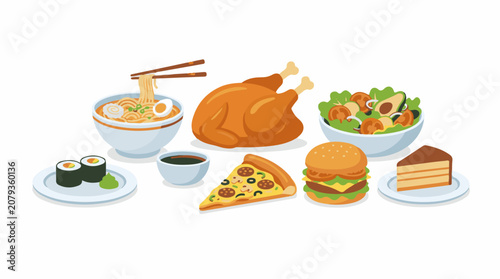 A colorful illustration featuring a variety of international foods on plates and in bowls