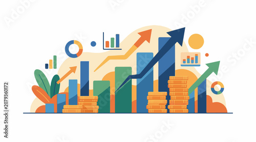 A colorful graphic illustration of growing business statistics and money
