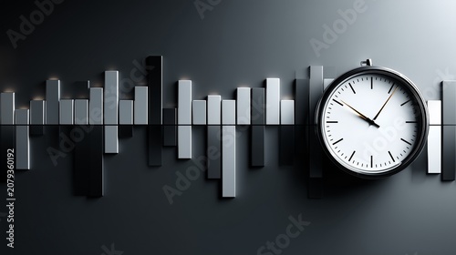 Analog Clock with 3D Bar Graph Waveform for Tracking Business Performance, Time Management, and Financial Market Timing