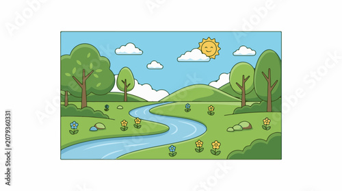 A cartoon landscape with a winding river green hills trees flowers and a smiling sun