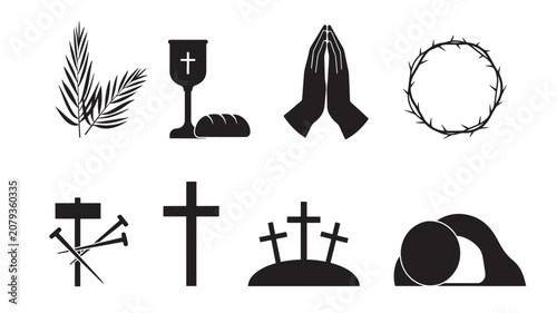 Photos Religious Icons Set with Wheat Leaf, Chalice, Praying Hands, Halo, Crosses, and