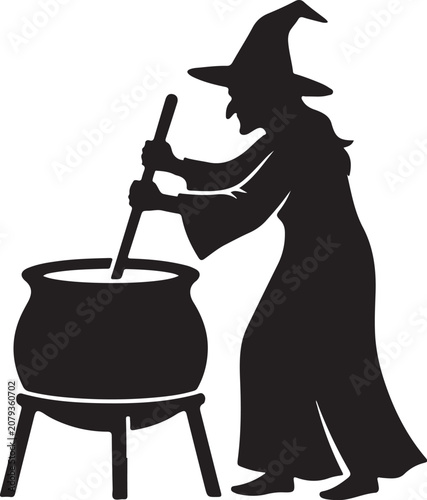 Fotografi Halloween witch silhouette, spooky sorceress stirring magic cauldron isolated on