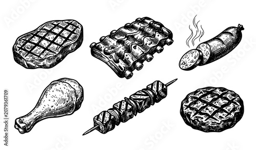Bild auf Leinwand Vintage Engraved Barbecue Meat Collection Featuring Steak Ribs Sausage Chicken L