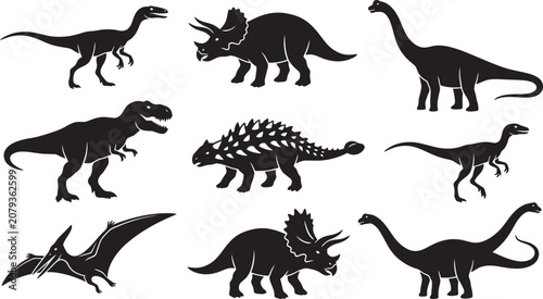 Fotografie Dinosaurs and wild animals silhouette vector set illustration, dinosaur icons wi