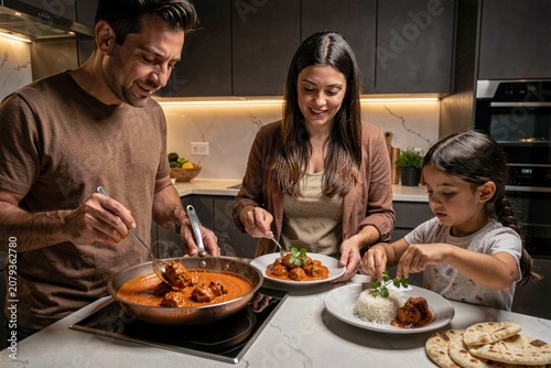 Family preparing Chicken Tikka Masala together in modern kitchen, smiling, enjoying meal. Concept of cooking grilled chicken in creamy tomato curry with loved ones.