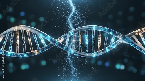 Abstract visual of a glowing DNA double helix experiencing an energetic split, representing genetic mutation, scientific research, and advanced biotechnology concepts