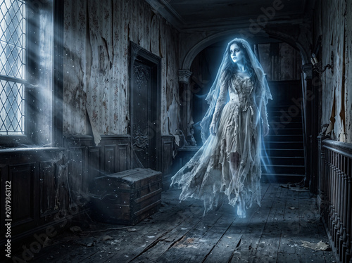 Ethereal Ghost Bride Haunting a Dilapidated Abandoned Mansion