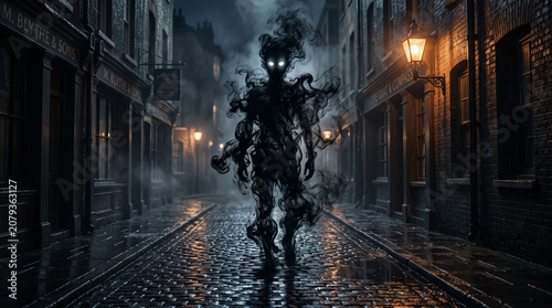 Eerie Shadowy Entity Walking Through Foggy Victorian Cobblestone Street